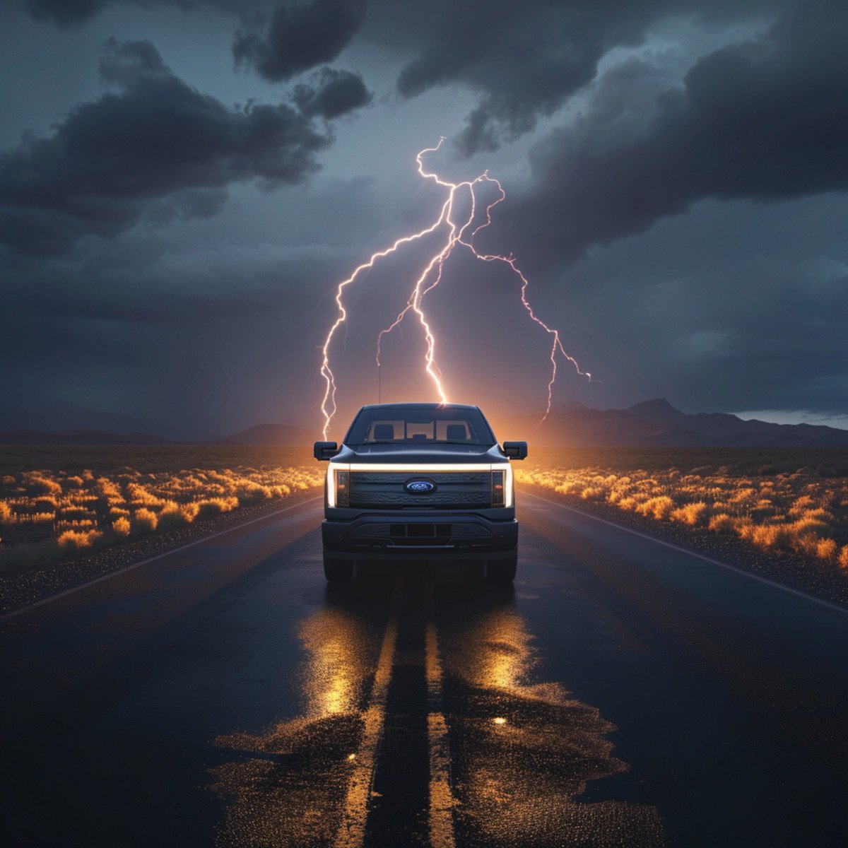 The 2024 Ford F-150 Lightning driving on a road towards an electrifying horizon, representing its sales success and market demand.