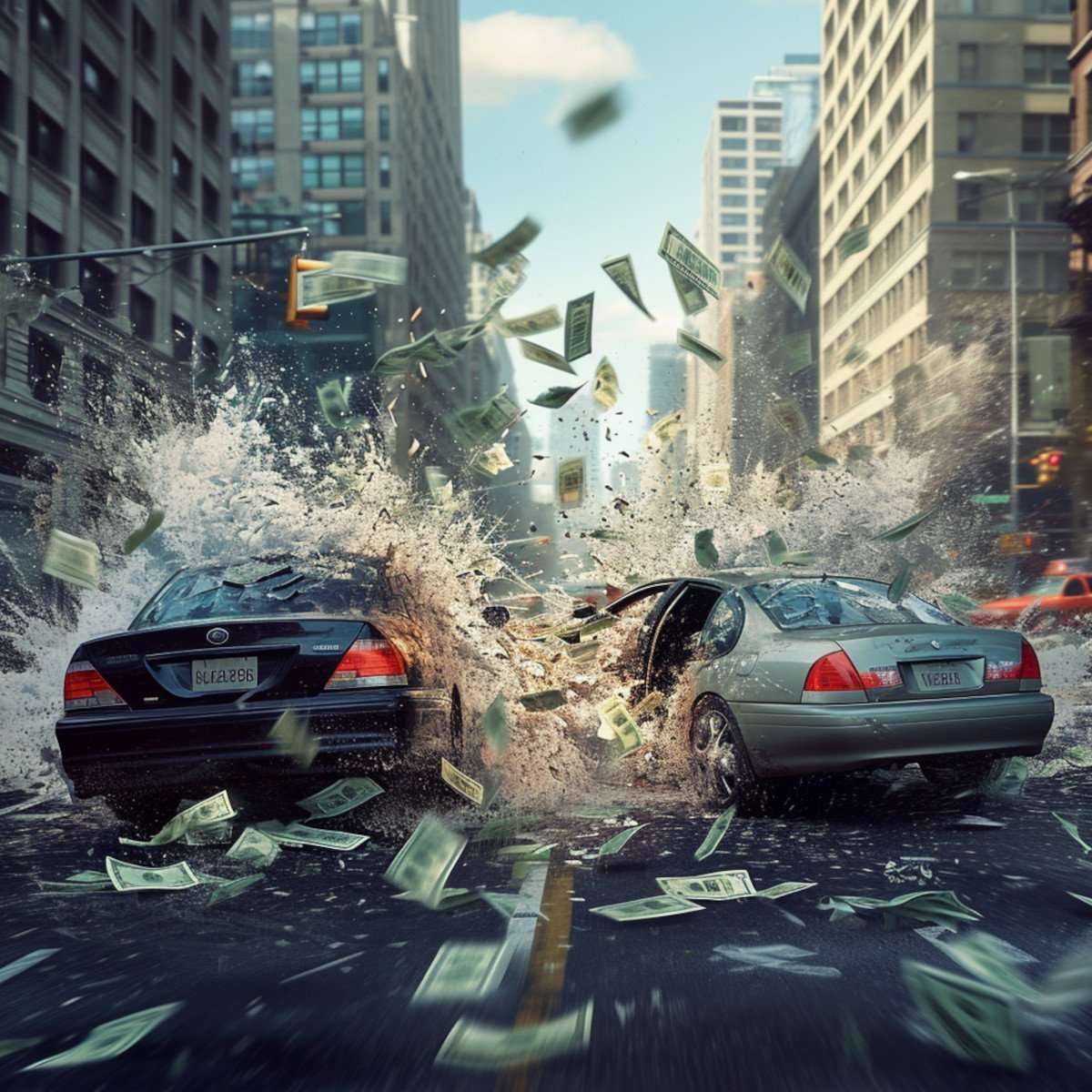 Metaphorical image of a non-brand-specific car collision with paper money spilling from the wreckage, illustrating the financial strain of collision and damage costs faced by Hertz