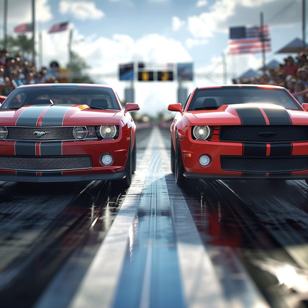 A photorealistic image showcasing the latest Ford Mustang and Camaro models on a dragstrip