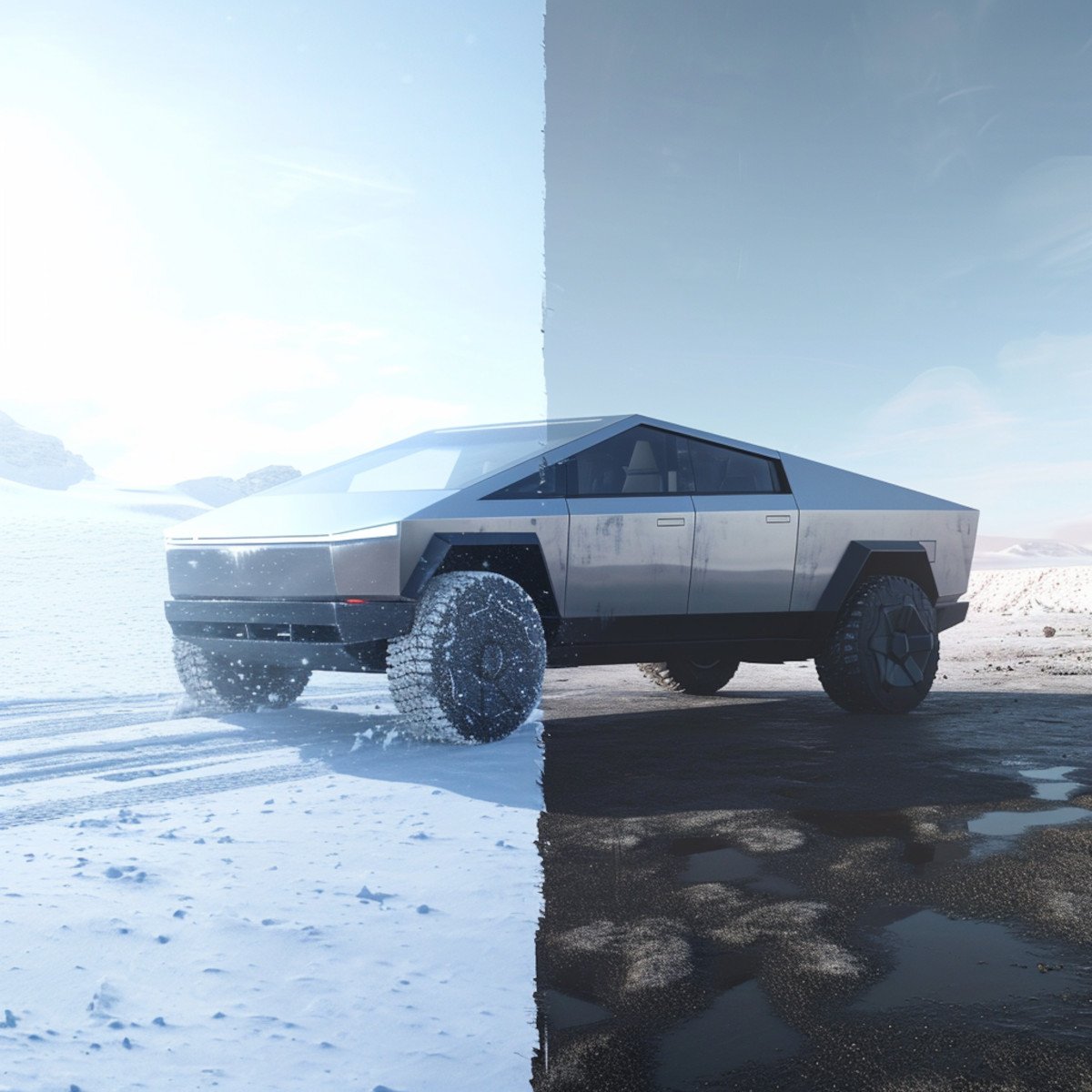 An illustration of a Tesla Cybertruck caught between contrasting climates—half in sunny weather and half in a snowstorm—showcasing the impact of temperature on electric vehicle range.
