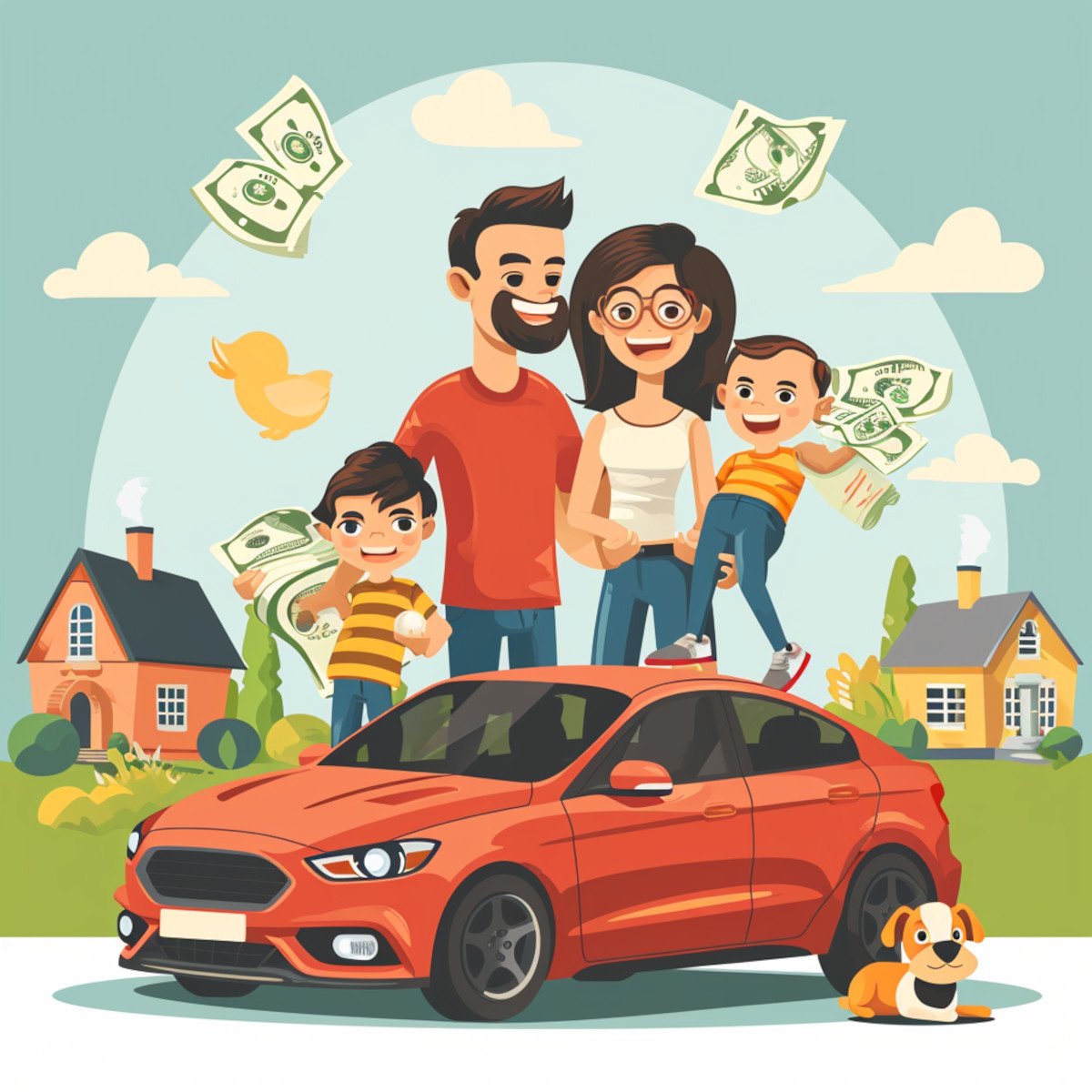 happy_family_standing_beside_their_Ford_car_holding_a_large_wad_of_cash_due_to_ford_insurance_savings