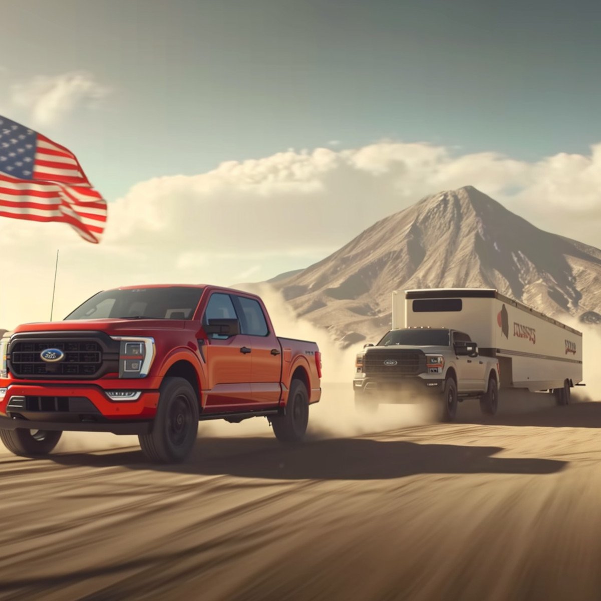 
A life-like representation of a 2023 Ford F-150 XL SuperCrew,  speeding through the desert, moving fast with dust, one large American Flag blowing in the sky in the background