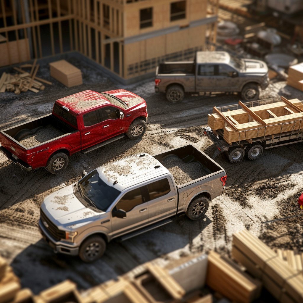 lifelike photorealistic image featuring a modern ford chevrolet toyota ram on a construction site.