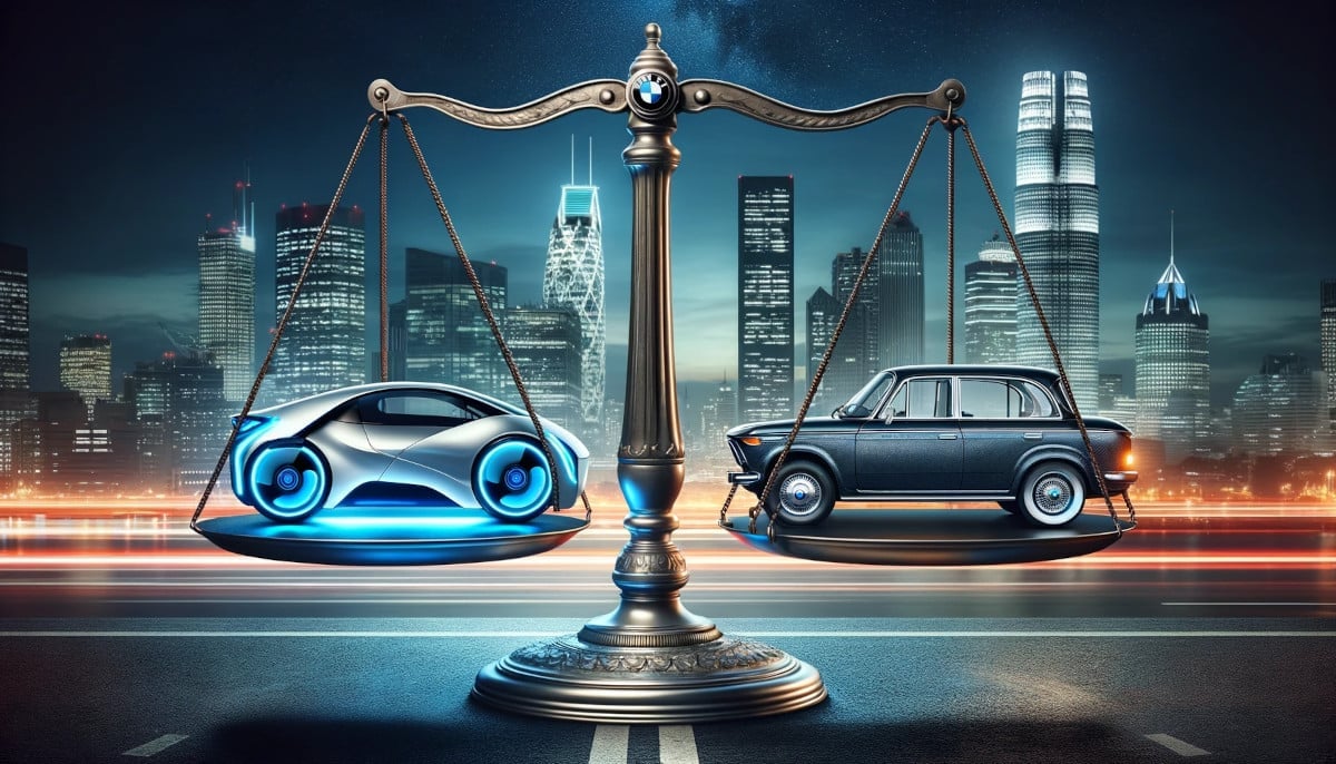 modern-scale-balancing-a-futuristic-bmw-electric-vehicle-and-a-classic-combustion-engine-car-against-a-city-skyline-at-dusk