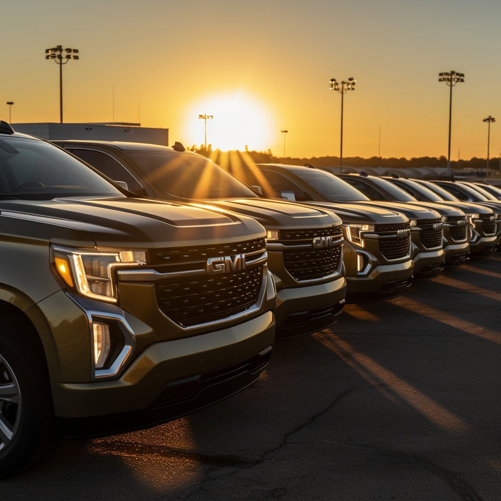 a_fleet_of_shiny_new_GM_cars_and_trucks_lined_up_on_a_dealer_lot