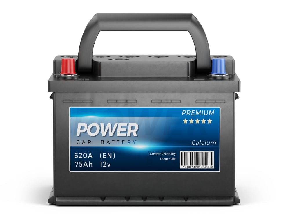 Car battery with red positive post and blue negative post.