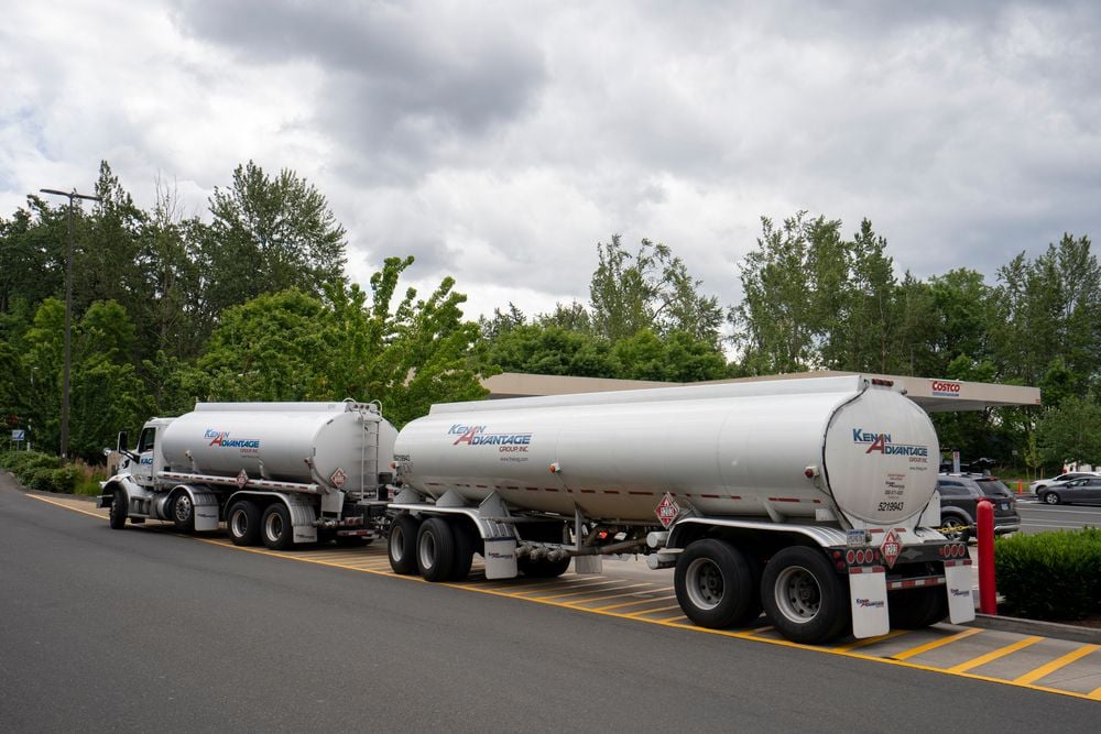 Fuel tanker hauling fuel to a Costco gas station.