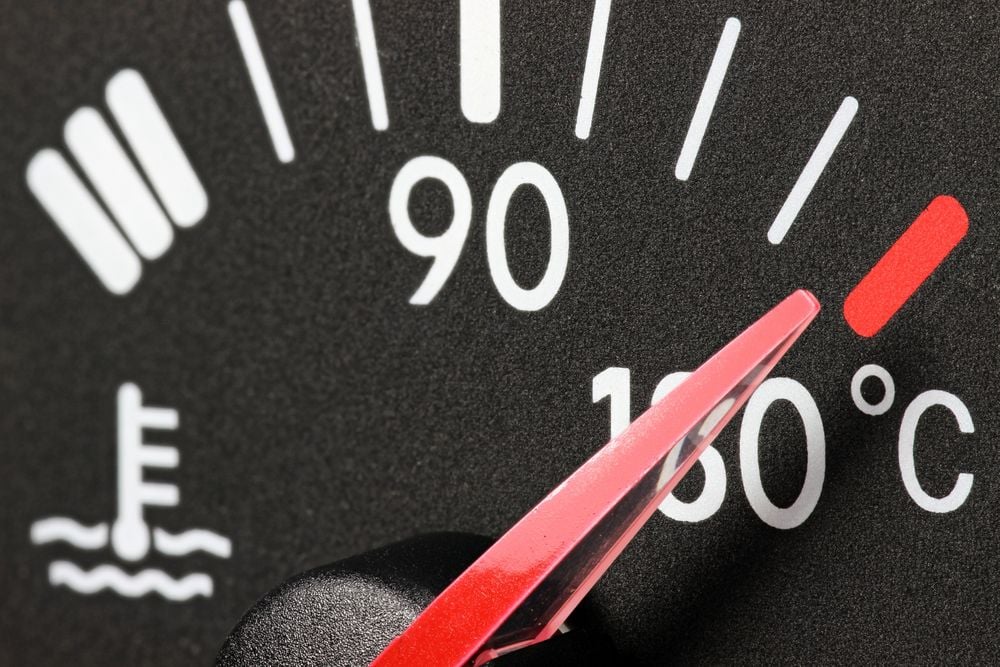 Temperature gauge on the dashboard in an overheating car