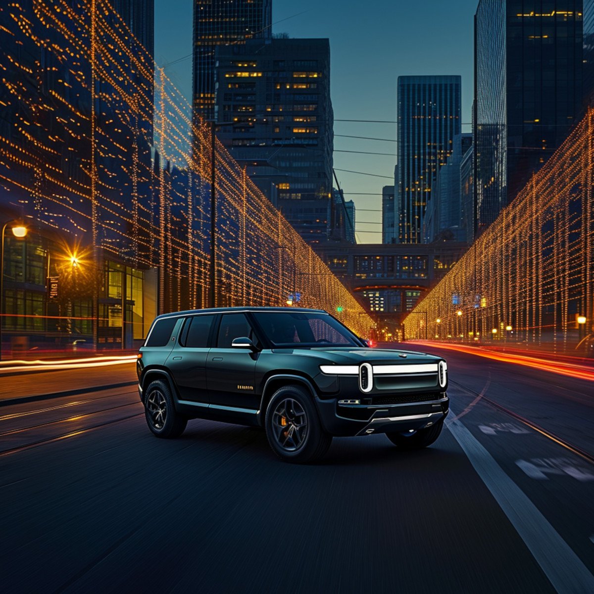 sleek_Rivian_electric_SUV_ascending_a_dynamic_graphical_urban_landscape